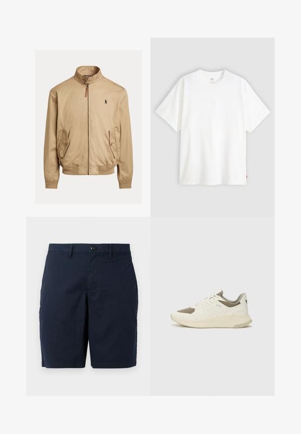 Beige bomber μπουφάν κατασκευασμένο από απαλό ύφασμα. Διαθέτει όρθιο γιακά, δύο πλαϊνές τσέπες, ριμπ μανσέτες και ένα μικρό λογότυπο στο στήθος.; Λευκό κοντομάνικο μπλουζάκι φτιαγμένο από βαμβάκι με στρογγυλή λαιμόκοψη. Διαθέτει υποτυπώδη ανάγλυφο λογότυπο μπροστά και κόκκινη ετικέτα στο στρίφωμα.; Σκούρο μπλε σορτς από ελαφρύ ύφασμα. Διαθέτει κλείσιμο με κουμπί, επίπεδο μπροστινό μέρος και δύο πλευρικές τσέπες. Κλασική, ίσια γραμμή.; Λευκό και ανοιχτό μπεζ αθλητικό παπούτσι, με επάνω μέρος από διχτυωτό υλικό, διακοσμήσεις με περφορέ και υφή στην ενδιάμεση σόλα με επωνυμία στη φτέρνα.