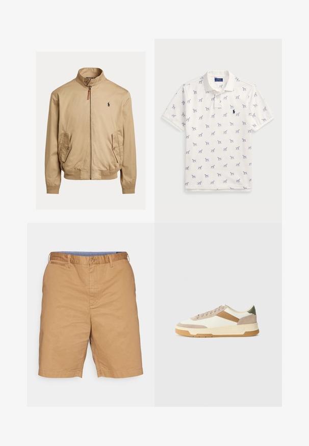 Casaco bomber bege feito de tecido suave. Apresenta um colarinho alto, dois bolsos laterais, punhos canelados e um pequeno logotipo no peito.; Camisola polo branca feita de algodão, com um padrão repetido de cães azuis e um pequeno logotipo azul no peito. Mangas curtas e colarinho.; Calças de algodão caqui com frente plana, bolsos laterais e fecho com botão, apresentando uma textura suave e um corte descontraído.; Ténis em bege, creme e verde oliva, com materiais em camurça e couro, bico redondo, design minimalista e sola em borracha.