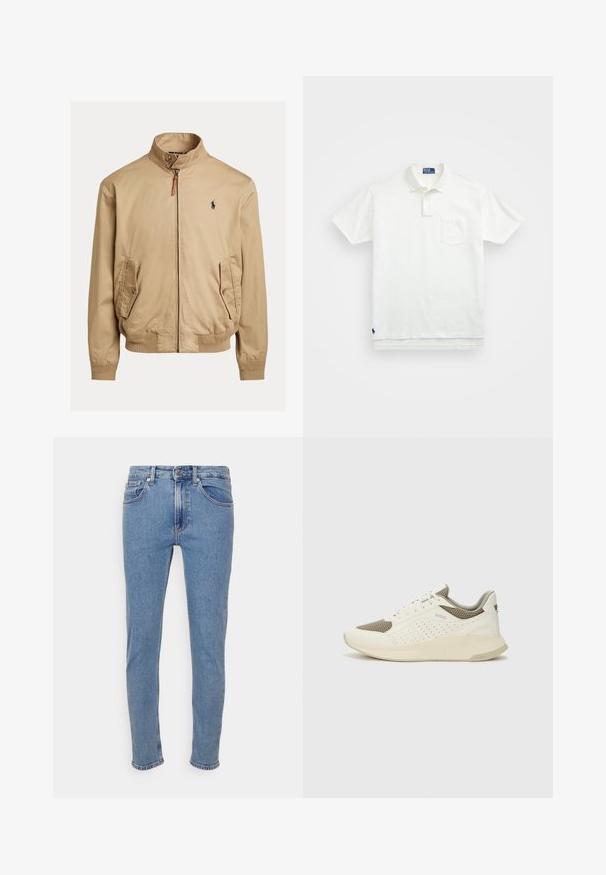 Sima anyagból készült bézs bomberdzseki. Álló gallérral, két oldalsó zsebbel, bordázott mandzsettával és egy kis logóval rendelkezik a mellkason.; Fehér pólóing, pamutból készült, klasszikus gallérral, háromgombos végigfutóval és bal oldali zsebével; kis logó a szegélyen.; Calvin Klein Jeans SLIM TAPER - Karcsúsított farmerek - denim light; Fehér és világos bézs sportcipő, légies hálós felsőrésszel, perforált részletekkel és texturált középtalppal, amelyen a saroknál a márka logója található.
