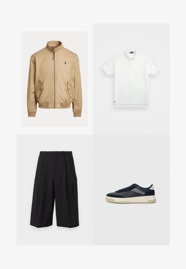 Sima anyagból készült bézs bomberdzseki. Álló gallérral, két oldalsó zsebbel, bordázott mandzsettával és egy kis logóval rendelkezik a mellkason.; Fehér pólóing, pamutból készült, klasszikus gallérral, háromgombos végigfutóval és bal oldali zsebével; kis logó a szegélyen.; Fekete, redőzött rövidnadrág sima textúrájú anyagból, elülső gombos záródással és széles, laza lábakkal.; BOSS BALTIMORE - Sportcipő - open blue
