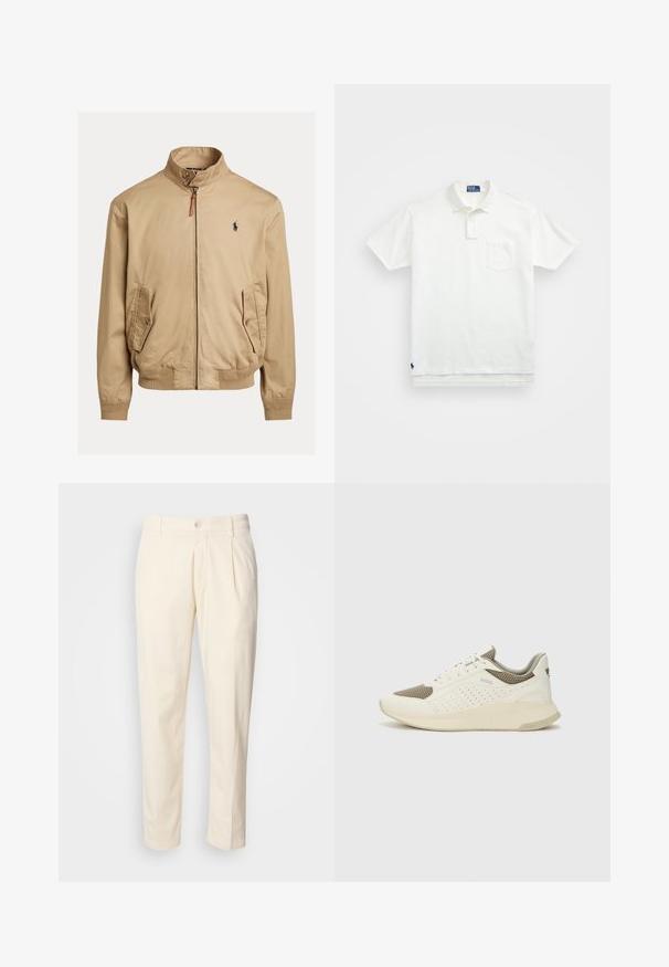 Béžová bomber bunda vyrobená z hladkého materiálu. Má stojáček, dva postranní kapsy, žebrované manžety a malé logo na hrudi.; Bílá polo košile vyrobená z bavlny, s klasickým límcem, tříknoflíkovou légou a kapsičkou na levé straně hrudi; malá nášivka na lemu.; Krémové bavlněné kalhoty se rovnými nohavicemi, které mají přední skladby, zapínání na knoflík a boční kapsy. Hladká textura.; Bílé a světle béžové atletické tenisky, které mají síťovaný svršek, perforované detaily a texturovanou mezipodešev s logem na patě.