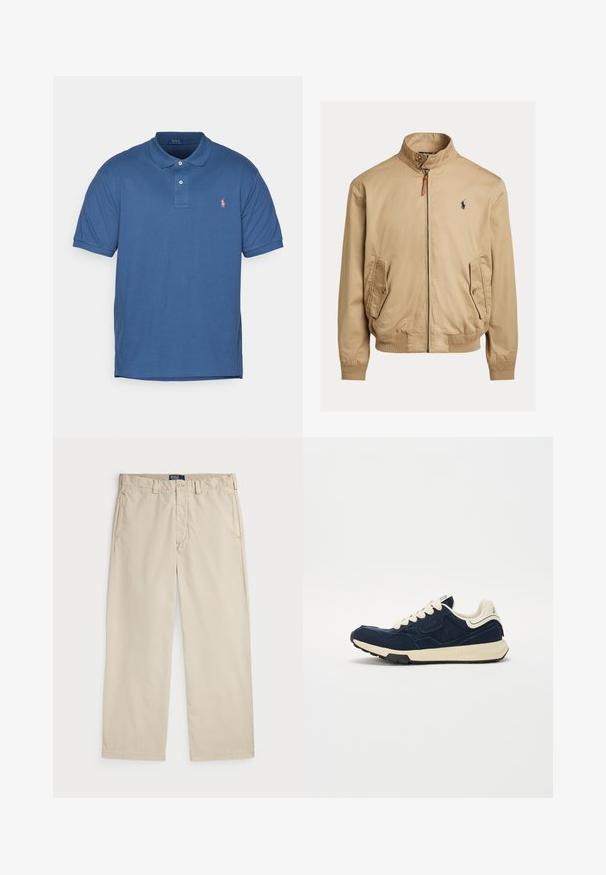 Casaco bomber bege feito de tecido suave. Apresenta um colarinho alto, dois bolsos laterais, punhos canelados e um pequeno logotipo no peito.; Polo azul feito de algodão com mangas curtas, um fecho de dois botões e um pequeno logótipo rosa no lado esquerdo do peito.; Chinos de algodão bege com um design de perna reta, apresentando um fecho de botão e dois bolsos frontais. Textura suave e cor uniforme.; Tênis azul-marinho com upper de camurça texturizada, atacadores creme e meio-sola bege. Apresenta um design atlético clássico e sola de borracha.