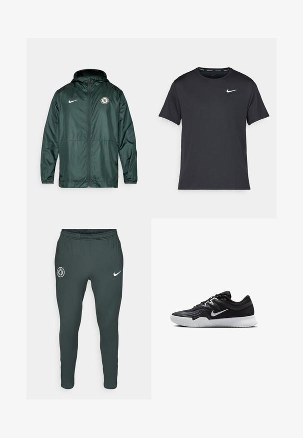 Green Nike jacket featuring a zip closure, hood, and Chelsea FC logo on the left chest. Includes elastic cuffs and a smooth texture.; Black Nike running T-shirt made of lightweight, breathable material, featuring short sleeves and a small white logo on the chest.; Dark green athletic pants with elastic waistband, featuring a Chelsea FC logo on the left thigh and a white Nike swoosh on the right.; Black athletic shoe with a textured upper, white Nike swoosh, and a white rubber outsole. Features a lace-up design and dynamic shape.