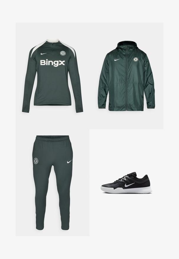 Groene Nike-jas met rits, capuchon en het Chelsea FC-logo op de linkerborst. Voorzien van elastische manchetten en een soepele textuur.; Langsleeve sportshirt in donkergroen met witte accenten. Voorzien van een ritssluiting in de hals, teamlogo en de merknaam "Bingx" in vetgedrukte witte tekst.; Donkergroene sportbroek met elastische tailleband, voorzien van een Chelsea FC-logo op de linker bovenbeen en een witte Nike-swoosh op de rechterkant.; Zwarte sportieve schoen met een gestructureerde bovenkant, witte Nike swoosh en een witte rubberen zool. Beschikt over een veterontwerp en een dynamische vorm.