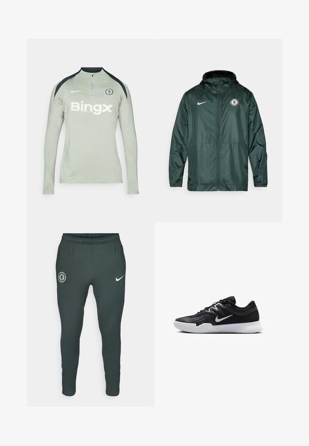 Groene Nike-jas met rits, capuchon en het Chelsea FC-logo op de linkerborst. Voorzien van elastische manchetten en een soepele textuur.; Langemouwige, lichtgrijze sportshirt met zwarte schouderaccenten, ritskraag, Nike-logo en de tekst 'Bingx' op de voorkant. Chelsea FC-badge aanwezig.; Donkergroene sportbroek met elastische tailleband, voorzien van een Chelsea FC-logo op de linker bovenbeen en een witte Nike-swoosh op de rechterkant.; Zwarte sportieve schoen met een gestructureerde bovenkant, witte Nike swoosh en een witte rubberen zool. Beschikt over een veterontwerp en een dynamische vorm.