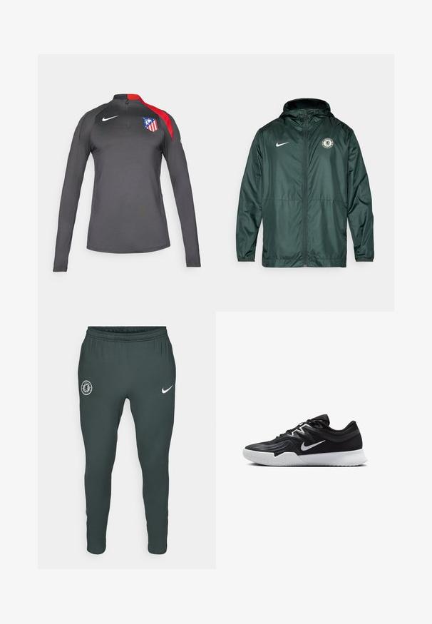 Grønn Nike-jakke med glidelås, hette og Chelsea FC-logo på venstre bryst. Har elastiske mansjetter og en glatt tekstur.; Langermet idrettstopp i mørkegrå med røde detaljer og glidelås høy hals. Har laglogo på venstre bryst. Laget av fleksibelt og pustende materiale.; Mørkegrønne treningsbukser med elastisk midje, som har Chelsea FC-logo på venstre lår og hvit Nike-svulst på høyre.; Svart treningssko med teksturert overdel, hvit Nike-swoosh og hvit gummisåle. Har snøring og en dynamisk form.
