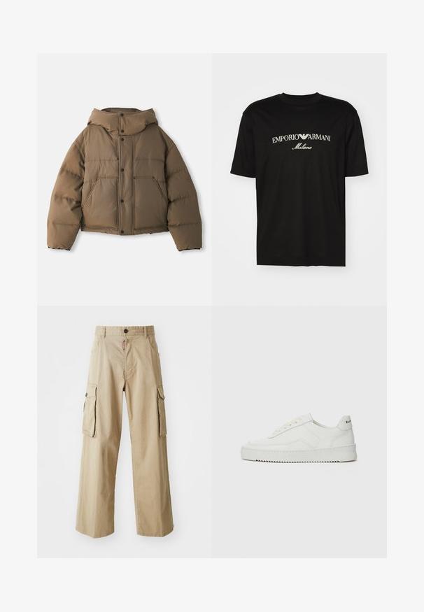 Rjava pihala jakna s kapuco, ki ima zadrgo spredaj, štiri sprednje žepke in krajšo zasnovo. Gladka tekstura s podloženjem.; Črna bombažna majica s krožnim izrezom, kratkimi rokavi in logotipom "EMPORIO ARMANI" v beli barvi nad napisom "Milano" v ukrivljenem oblikovanju.; Bež cargo hlače iz bombaža, širšega kroja, z dvema velikima stranskima žepoma in gumbom za zapiranje v pasu.; Bela usnjena športna obutev z gladko površino, okroglo prst, ravne vezalke in teksturiran podplat. Ima diskretno logo na peti.