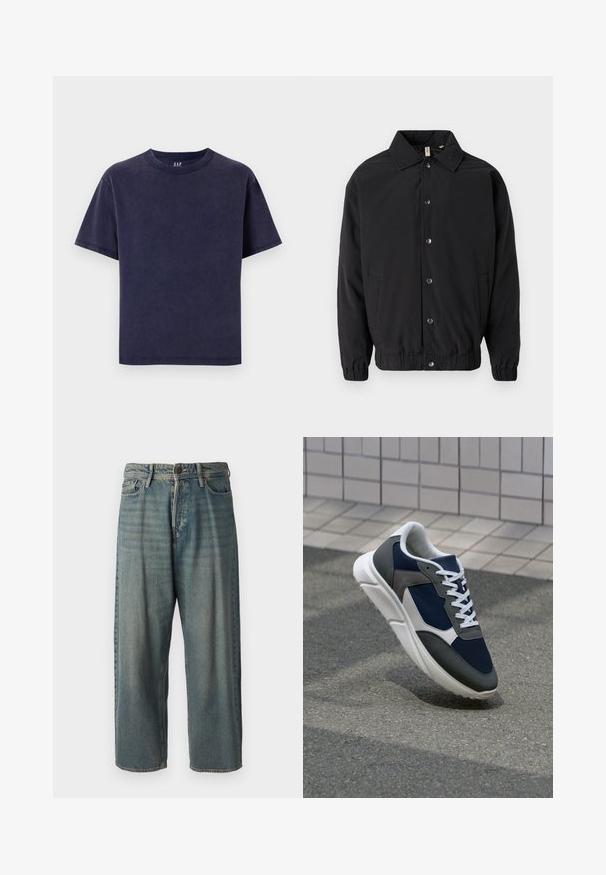 Must mustriga jope kraeäärisega, nupuga esiosa, elastsete mansettide ja küljetaskutega. Sile kangas lihtsa disainiga.; Tumesinine puuvillane T-särk, ümmarguse kaelusega, lühikeste varrukatega ja lõdva istuvusega. Omab ühtlast värvi, ilma nähtavate mustrite või detailideta.; Heledad sinine denim-stiilis teksad, volüümse lõike, keskmise kõrgusega talje ja sirgete säärega. Omab viit taskut, vöökumme ja nööpide sulgemist.; Sneaker, mille sinine võrkkangas, hallid nubukdetailid, valge kummitald ja lamedad valged paelad, disainitud mugavuseks ja hingavuseks.