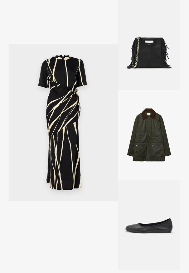 Stradivarius WAXED WITH MULTIPLE - Parka - khaki; Nanushka BRANTLEY - Maxi šaty - light fringe; Černé kožené baletní byty s kulatou špičkou, hladkou texturou, minimálními švy a flexibilním designem podrážky.; Černá kožená kabelka s třásněmi, zlatým řetízkovým ramenním popruhem a rukojetí s výřezem. Na přední straně se nachází logo.