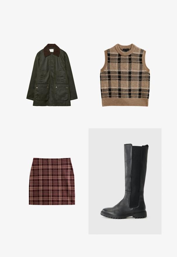 Stradivarius WAXED WITH MULTIPLE - Parka - khaki; Gilet lavorato a maglia color beige con collo rotondo, caratterizzato da un motivo a quadri bianco e nero, design senza maniche e dettaglio con orlo a costine.; Gonna a quadri con una combinazione di colori maroon, beige e nero, design strutturato e una texture liscia con una linea dritta.; Alti stivali neri in pelle con una parte anteriore strutturata, pannelli laterali elastici e suole robuste, posti su uno sfondo bianco semplice.