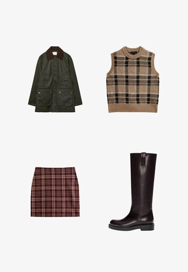 Stradivarius - Parka; Beżowa dzianinowa kamizelka z okrągłym dekoltem, charakteryzująca się czarno-białym wzorem w kratę, bezrękawnikowym fasonem oraz szczegółami w ściągaczu na dole.; Spódnica w kratę w kolorach bordowym, beżowym i czarnym, o ustrukturyzowanym designie i gładkiej fakturze, z prostym krojem.; Knee-high brązowe skórzane kozaki o gładkiej fakturze, okrągłym nosie i płaskiej czarnej gumowej podeszwie. Posiadają pionową szew i tylną pętlę.
