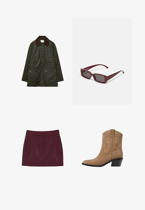 Stradivarius WAXED WITH MULTIPLE  - Parka - khaki; Gilet lavorato a maglia color beige con collo rotondo, caratterizzato da un motivo a quadri bianco e nero, design senza maniche e dettaglio con orlo a costine.; Gonna mini in velluto a coste bordeaux con una texture liscia, dotata di due tasche frontali e una linea dritta. Vita bassa con pieghe sottili.; Stivale alla caviglia western in suede marrone con punta appuntita, design ricamato e tacco basso impilato nero. Dotato di linguette di pull per una facile calzatura.; Occhiali da sole rettangolari bordeaux con lenti scure, montatura spessa e tempie affusolate. Realizzati in plastica lucida con una texture liscia.