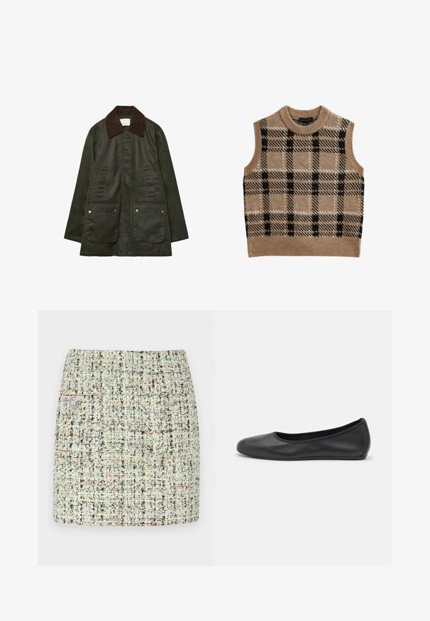 Stradivarius WAXED WITH MULTIPLE - Parkas - khaki; Tansydd strickad väst med rund hals, som har ett svart och vitt rutmönster, ärmlös design och ribbad fålldetalj.; Kort tweedkjol i ljusgrön, med en strukturerad tyg med flerfärgade inslag, två framfickor och silverknappdetaljer.; Svart läderballerinaskor med rund tå, slät yta, minimala söm detaljer och en flexibel sula.