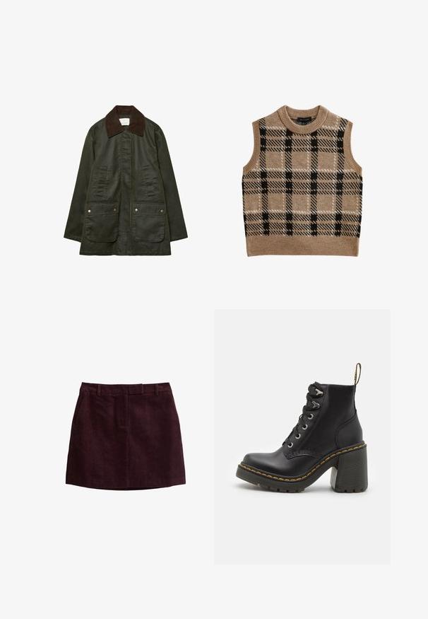 Stradivarius WAXED WITH MULTIPLE - Parka - khaki; Beige gebreide mouwloze vest met een ronde hals, voorzien van een zwart-wit geblokt patroon en een geribbelde boord.; Donkerpaarse corduroy minirok met ceintuurlussen, voorzakken en een centrale naad aan de voorkant.; Zwarte leren enkelboot met een dikke hoge hak, vetersluiting aan de voorkant, metalen oogjes en gele stiksels langs de zool. Getextureerde rubberen zool.