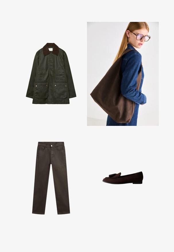 Stradivarius WAXED WITH MULTIPLE - Parka - khaki; Korte geruite shirt in tinten van bordeaux en bruin, met een knopenvoorzijde, kraag en een borstzak. Zacht stof met lange mouwen.; Bruine denim jeans met een recht model, vijf zakken en een sluiting met een knoop aan de voorkant. Gladde textuur met een lichte glans.; Bruine suède instapschoen met een ronde neus en decoratieve kwastjes op de bovenkant. Platte zool met een minimalistisch ontwerp en een gladde textuur.; Bruine leren tote bag met een zachte textuur, met een ruime indeling en een enkele strap. Draag het met een blauwe spijkerjack.