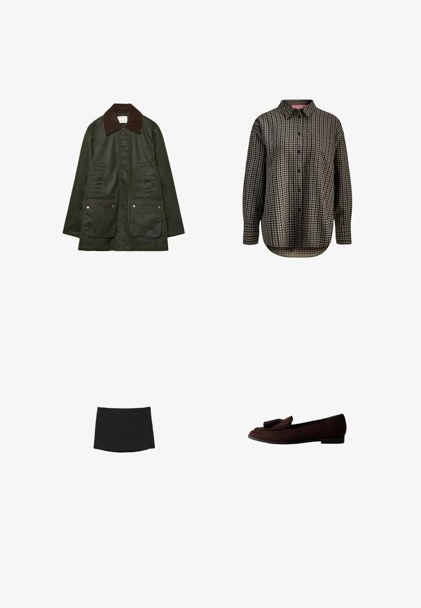 Stradivarius WAXED WITH MULTIPLE - Parka - khaki; Langärmelig overhemd met zwart en beige ruitpatroon, een enkele borstzak, kraag en een gebogen zoom.; Zwarte minirok van soepel, rekbaar materiaal; heeft een rechte snit met een subtiele zoom en geen zichtbare sluitingen of patronen.; Bruine suède instapschoen met een ronde neus en decoratieve kwastjes op de bovenkant. Platte zool met een minimalistisch ontwerp en een gladde textuur.