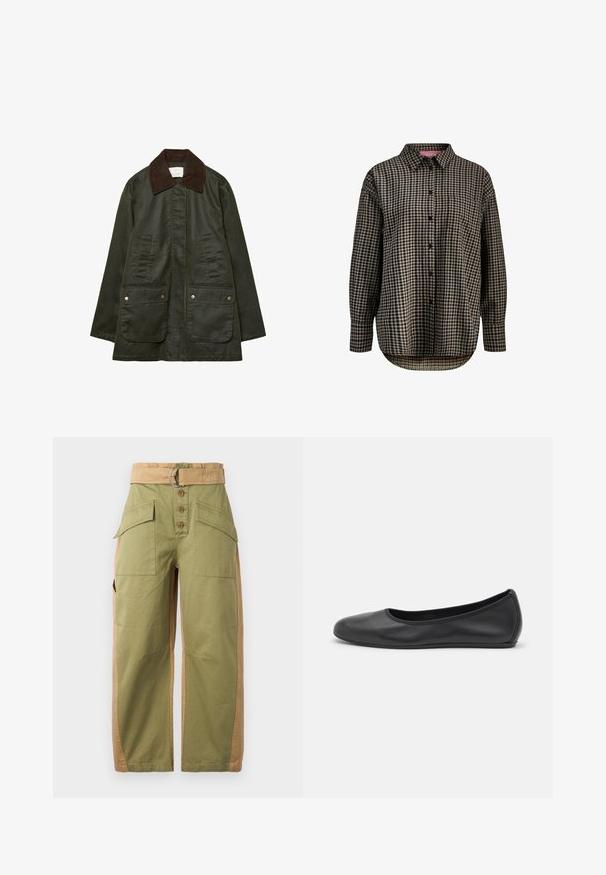 Stradivarius - Parka; Koszula z długim rękawem z guzikami, w czarno-beżowy w kratkę, z jedną kieszonką na piersi, kołnierzykiem i zaokrąglonym dnem.; Zielone i beżowe spodnie cargo o szerokim kroju, z wieloma kieszeniami, zapięciem na guziki oraz paskiem z metalowym akcentem w postaci pierścionka.; Czarne skórzane baletki z zaokrąglonym noskiem, gładką fakturą, minimalnymi przeszyciami i elastycznym designem podeszwy.