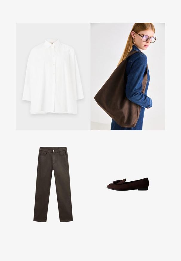 Stradivarius WAXED WITH MULTIPLE - Parka - khaki; Witte button-up blouse met een klassieke kraag, lange mouwen en een relaxte pasvorm. Glad katoenen stof zonder zichtbare patronen of accenten.; Bruine denim jeans met een recht model, vijf zakken en een sluiting met een knoop aan de voorkant. Gladde textuur met een lichte glans.; Bruine suède instapschoen met een ronde neus en decoratieve kwastjes op de bovenkant. Platte zool met een minimalistisch ontwerp en een gladde textuur.; Bruine leren tote bag met een zachte textuur, met een ruime indeling en een enkele strap. Draag het met een blauwe spijkerjack.