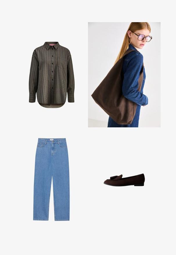 Stradivarius WAXED WITH MULTIPLE - Parka - khaki; Long-sleeve button-up shirt with black and beige checkered pattern and a single chest pocket, collar, and curved hem.; Light blue denim jeans with a straight cut, five-pocket design, single button closure, and subtle stitching details on the seams.; Brown suede loafer with a rounded toe and decorative tassel on the upper. Flat sole with a minimalistic design and smooth texture.; Brown leather tote bag with a soft texture, featuring a spacious design and a single strap. Worn with a blue denim jacket.