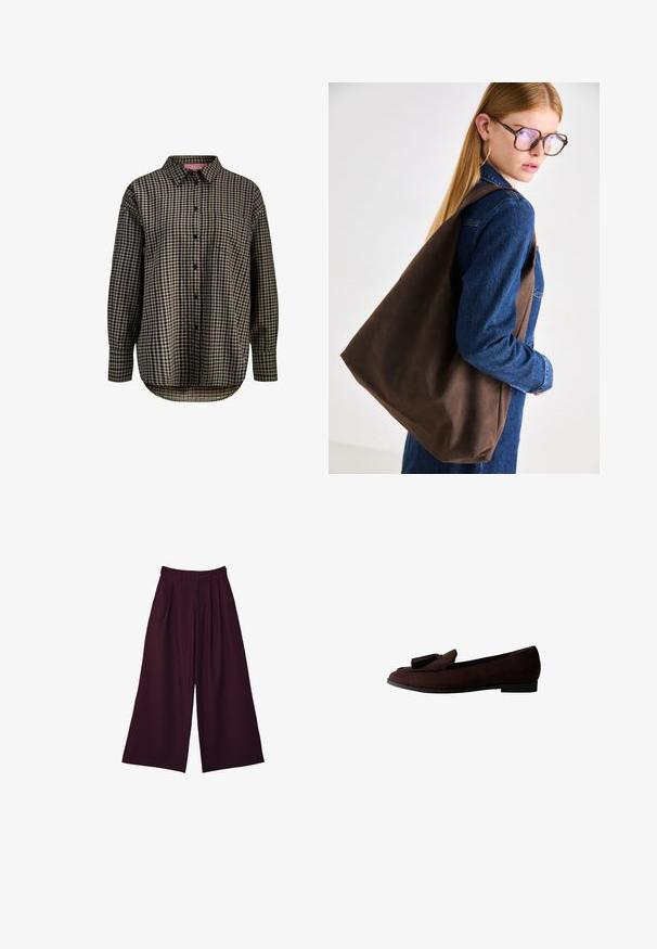 Stradivarius WAXED WITH MULTIPLE - Parka - khaki; Long-sleeve button-up shirt with black and beige checkered pattern and a single chest pocket, collar, and curved hem.; Wide-leg trousers in deep burgundy fabric, featuring pleats, a high waist, and two side pockets for utility and style.; Brown suede loafer with a rounded toe and decorative tassel on the upper. Flat sole with a minimalistic design and smooth texture.; Brown leather tote bag with a soft texture, featuring a spacious design and a single strap. Worn with a blue denim jacket.