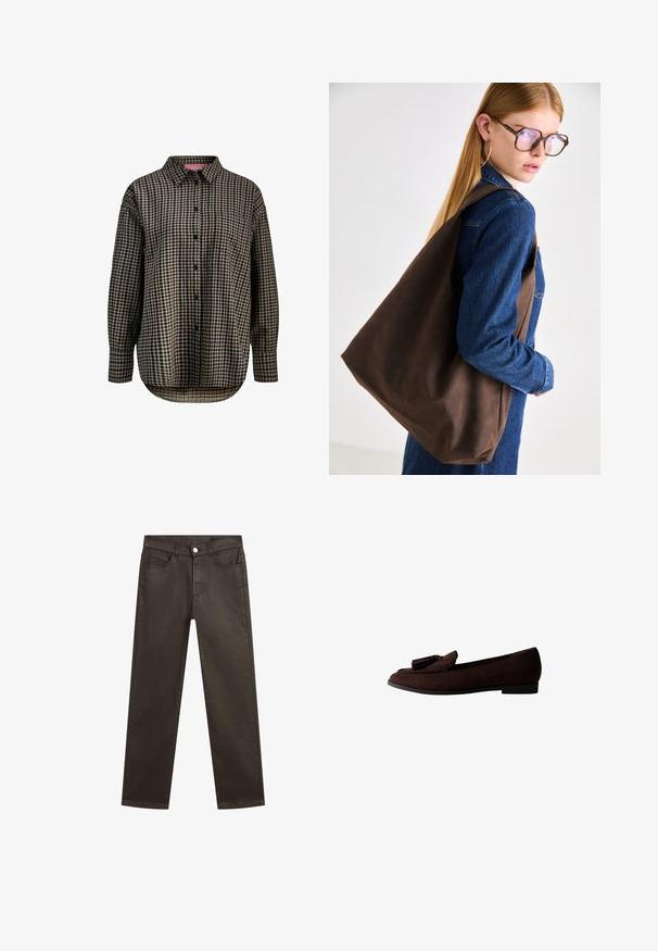 Stradivarius WAXED WITH MULTIPLE - Parka - khaki; Long-sleeve button-up shirt with black and beige checkered pattern and a single chest pocket, collar, and curved hem.; Brown denim jeans featuring a straight-leg design, five-pocket styling, and a front button closure. Smooth texture with a slight sheen.; Brown suede loafer with a rounded toe and decorative tassel on the upper. Flat sole with a minimalistic design and smooth texture.; Brown leather tote bag with a soft texture, featuring a spacious design and a single strap. Worn with a blue denim jacket.