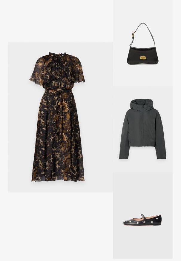 Tmavě šedá zkrácená péřová bunda s kapucí, předním zipem a dlouhými rukávy, vystavená na bílém pozadí.; Černé a vícebarevné květinové šaty s krátkými volány, stahovaným pasem a zavazovací šňůrkou. Lehká, splývavá látka.; Černé kožené baleríny typu Mary Jane s kulatou špičkou, zdobené stříbrnými kulatými nýty a nastavovacími popruhy se sponou.; Černá kožená kabelka s zakřiveným designem, zlatou logovou destičkou a úzkým ramenním popruhem. Hladká textura s elegantním povrchem.