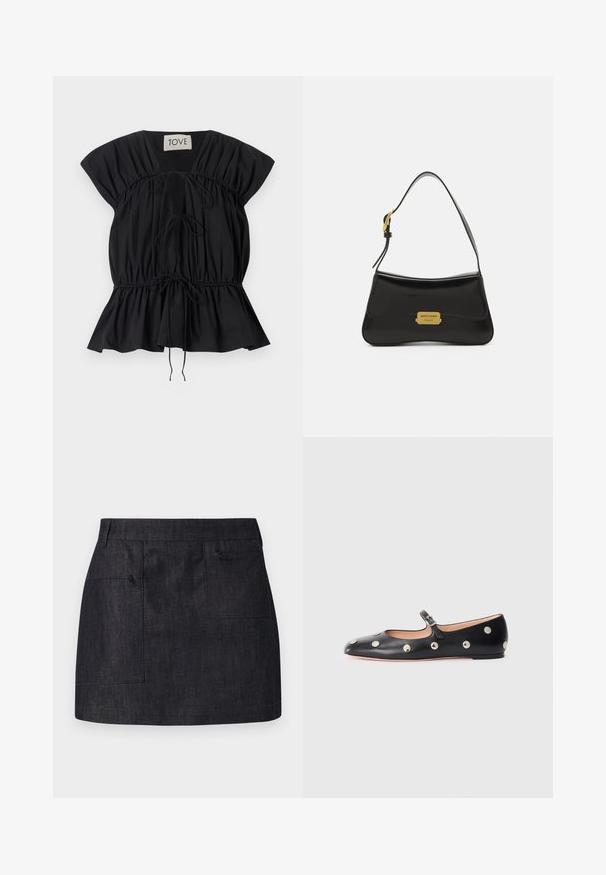 Czarna, szara krótka kurtka puchowa z kapturem, z zamkiem błyskawicznym z przodu i długimi rękawami, prezentowana na białym tle.; Beżowy sweter z golfem, z prążkowanym kołnierzem i mankietami. Miękka tekstura i luźny krój. Standardowa długość z minimalistycznym wzornictwem.; Czarna bluzka z krótkim rękawem z marszczonym wzorem, regulowanymi związkami w pasie oraz rozkloszowanym dołem. Wykonana z gładkiego, lekkiego materiału.; Czarna spódnica dżinsowa o prostym kroju, z dwoma przednimi kieszeniami i subtelną teksturą. Czysta linia dołu i standardowy fason pasa.; Czarne skórzane buty typu Mary Jane na płaskim obcasie z zaokrąglonym czubkiem, ozdobione srebrnymi okrągłymi ćwiekami oraz regulowanym paskiem z klamrą.; Czarna skórzana torebka o zakrzywionym kształcie, z akcentem w postaci złotej płytki z logo oraz cienkim paskiem na ramię. Gładka faktura z eleganckim wykończeniem.