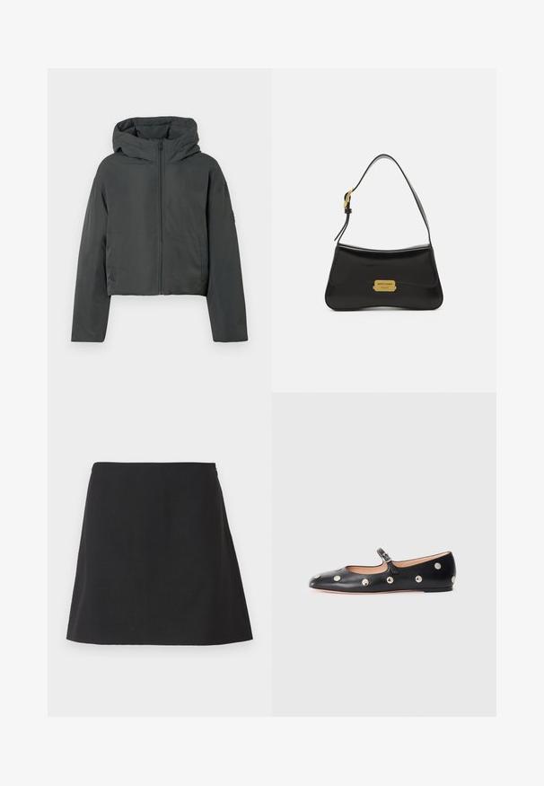 Tmavošedá skrátená puffer bunda s kapucňou, predným zipsom a dlhými rukávmi, vystavená na bielom pozadí.; Béžový rolák s ribovaným golierom a manžetami. Mäkká štruktúra a voľný strih. Štandardná dĺžka s minimalistickým dizajnom.; Čierna minisukňa so strihom rovného siluetu, vyrobená z textúrovanej látky, s bočným zipsom a bez viditeľných vzorov alebo ozdôb.; Čierne kožené baleríny typu Mary Jane s okrúhlou špičkou, so striebornými kruhovými cvokmi a nastaviteľným remienkom so sponou.; Čierna kožená kabelka s krivkovým dizajnom, akcentom vo forme zlatej loga a tenkým ramenným popruhom. Hladká textúra s elegantným povrchom.