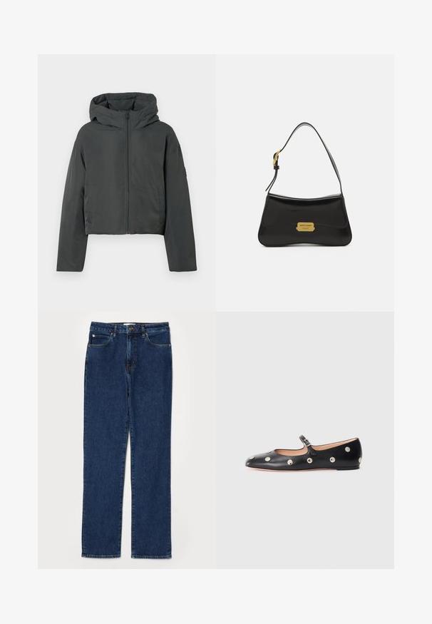 Dark gray cropped puffer jacket with hood, front zipper, and long sleeves, displayed on a white background.; Beige turtleneck sweater with ribbed collar and cuffs. Soft texture and relaxed fit. Standard length with minimalistic design.; Denim jeans in dark blue, straight-leg design, five-pocket style, with a sturdy waistband and visible stitching details.; Black leather Mary Jane flat shoe with a rounded toe, featuring silver circular studs and an adjustable strap with a buckle.; Black leather handbag with a curved design, gold logo plate accent, and a slim shoulder strap. Smooth texture with a sleek finish.