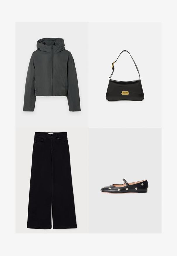 Chaqueta corta de plumas gris oscuro con capucha, cremallera frontal y mangas largas, exhibida sobre un fondo blanco.; Jersey de cuello alto beige con collar y puños acanalados. Textura suave y corte relajado. Longitud estándar con diseño minimalista.; Jeans anchos negros de tela de mezclilla, con bolsillos frontales, cierre de botón y una silueta recta. Diseño minimalista sin patrones.; Zapato plano tipo Mary Jane de cuero negro con punta redonda, adornado con tachuelas circulares plateadas y una correa ajustable con hebilla.; Bolso de cuero negro con un diseño curvado, placa de logo dorada como acento y una correa de hombro delgada. Textura suave con un acabado elegante.