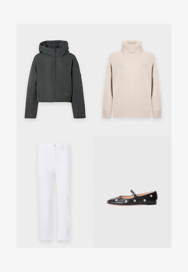 Mørkegrå cropped pufferjakke med hætte, frontlynlås og lange ærmer, vist på en hvid baggrund.; Beige turtleneck sweater med ribbet krave og manchetter. Blød tekstur og afslappet snit. Standard længde med minimalistisk design.; Hvide denimbukser med lige pasform, der har bæltestropper, sidelommer og lynlås. Glat tekstur og ensartet farve hele vejen igennem.; Sorte læder Mary Jane flad sko med en rund tå, udstyret med sølvfarvede runde nitter og en justerbar rem med spænde.