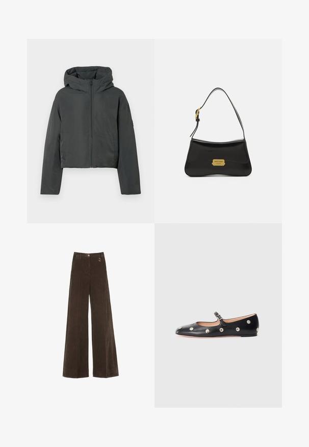 Dark gray cropped puffer jacket with hood, front zipper, and long sleeves, displayed on a white background.; Beige turtleneck sweater with ribbed collar and cuffs. Soft texture and relaxed fit. Standard length with minimalistic design.; Brown wide-leg corduroy pants with a high waistband, featuring a gold button and a decorative ring detail. Textured, soft fabric with vertical stripes.; Black leather Mary Jane flat shoe with a rounded toe, featuring silver circular studs and an adjustable strap with a buckle.; Black leather handbag with a curved design, gold logo plate accent, and a slim shoulder strap. Smooth texture with a sleek finish.