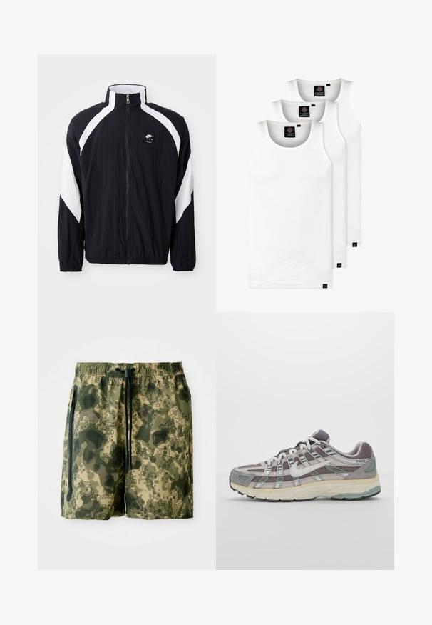 Černá větrovka s bílými diagonálními akcenty, vysokým límcem, zapínáním na zip a logem na levé části hrudi. Lehká, strukturovaná tkanina.; Tři bílé žebrované tílka vyrobené z bavlny. Mají kulatý výstřih a malé černé štítky poblíž lemu. Dostupné v několika velikostech.; Kraťasy na plavání v kamuflážovém vzoru v zelených odstínech, vyrobené z lehkého materiálu, s elastickým pasem, šňůrkou na stažení a bočními kapsami.; Šedá sportovní obuv s vrchní částí z mikrovlákna a semiše, bílými akcenty, polstrovanou podrážkou a jedinečným designem s reflexními prvky.