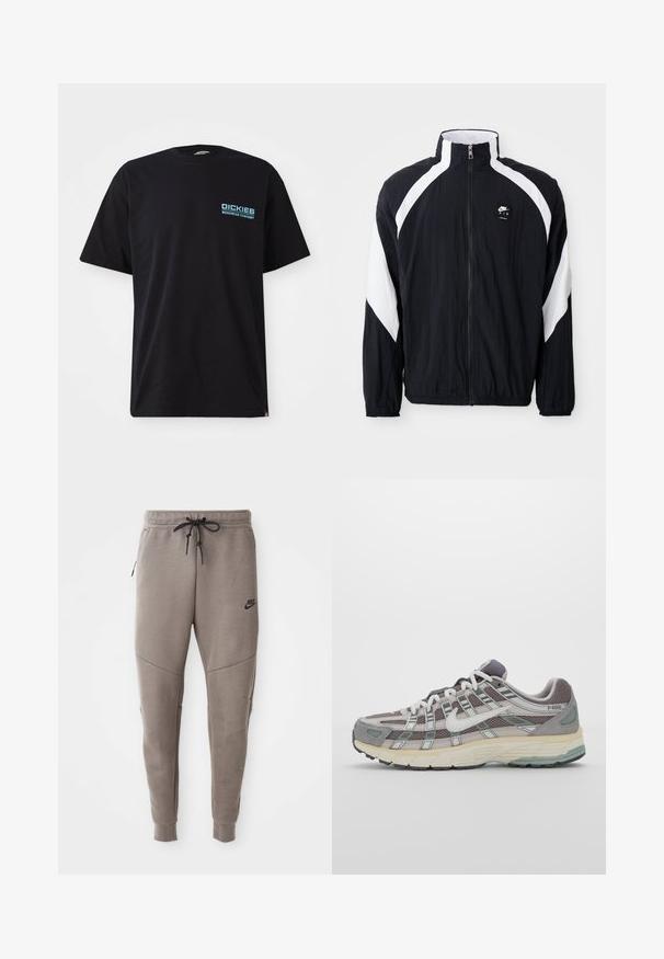 Juodas vėjui atsparus striukė su baltais įstrižais akcentais, aukštu apykakle, užtrauktuku priekyje ir logotipu kairiajame krūtinės kampe. Lengva, tekstūruota medžiaga.; Juodas medvilnės marškinėliai trumpomis rankovėmis, su mėlynu "DICKIES WORKWEAR COMPANY" logotipu kairėje krūtinės pusėje. Standartinė apvali iškirptė.; Pilkos Nike kelnės su raišteliu liemenyje, siaurėjančiomis kojomis, šoninėmis kišenėmis ir išskirtiniais siūlų detalėmis. Minkšta, tekstūruota medžiaga.; Pilkas sportinis batas su tinklu ir zomšos viršutine dalimi, baltomis detalėmis, paminkštintu padu ir išskirtiniu dizainu su atspindinčiais elementais.