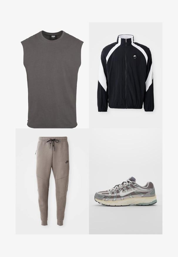 Schwarz Windbreaker-Jacke mit weißen diagonalen Akzenten, hohem Kragen, Reißverschluss vorne und Logo auf der linken Brust. Leichtes, strukturiertes Material.; Graues Baumwoll-T-Shirt mit kurzen Ärmeln, Rundhalsausschnitt und lockerer Passform. Schlichte Gestaltung, weiche Textur, keine Muster oder sichtbaren Beschläge.; Graue Nike-Sweatpants mit einem Kordelzugbund, schmal zulaufenden Beinen, seitlichen Taschen und auffälliger Nahtgestaltung. Weicher, strukturiert Stoff.; Grauer Sportschuh mit einem Obermaterial aus Mesh und Wildleder, weißen Akzenten, einer gepolsterten Sohle und einem charakteristischen Design mit reflektierenden Elementen.