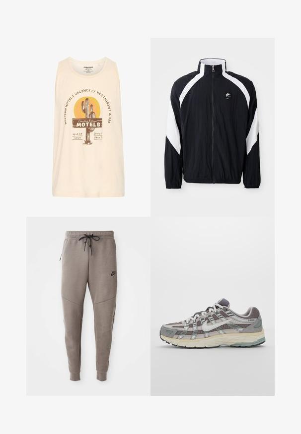 Black windbreaker jacket with white diagonal accents, high collar, zipper front, and logo on the left chest. Lightweight, textured fabric.; Cream-colored tank top featuring a graphic design with a cactus and sun. Text includes "Western Motels Vacancy" and "Cactus & Sun Motels."; Gray Nike sweatpants with a drawstring waistband, tapered legs, side pockets, and distinct seam detailing. Soft, textured fabric.; Gray athletic shoe featuring a mesh and suede upper, white accents, a cushioned sole, and a distinctive design with reflective elements.