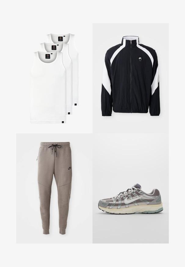 Juodas vėjui atsparus striukė su baltais įstrižais akcentais, aukštu apykakle, užtrauktuku priekyje ir logotipu kairiajame krūtinės kampe. Lengva, tekstūruota medžiaga.; Trys balti, dryžuoti marškiniai be rankovių, pagaminti iš medvilnės. Yra apvalus kaklas ir maži juodi etiketės netoli siūlės. Siūlomi įvairių dydžių.; Pilkos Nike kelnės su raišteliu liemenyje, siaurėjančiomis kojomis, šoninėmis kišenėmis ir išskirtiniais siūlų detalėmis. Minkšta, tekstūruota medžiaga.; Pilkas sportinis batas su tinklu ir zomšos viršutine dalimi, baltomis detalėmis, paminkštintu padu ir išskirtiniu dizainu su atspindinčiais elementais.