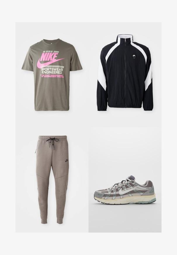 Svart vindjakke med hvite diagonale detaljer, høy krage, glidelås foran og logo på venstre bryst. Lett, strukturert stoff.; Grå bomulls t-skjorte med fremtredende rosa Nike-logo og hvit tekst. Korte ermer og rund hals.; Grå Nike joggebukser med snor i midjen, smale ben, sidelommer og distinkte sømdetaljer. Myk, teksturert stoff.; Grå treningssko med overdel i nett og semsket skinn, hvite detaljer, en polstret såle, og et særpreget design med reflekterende elementer.