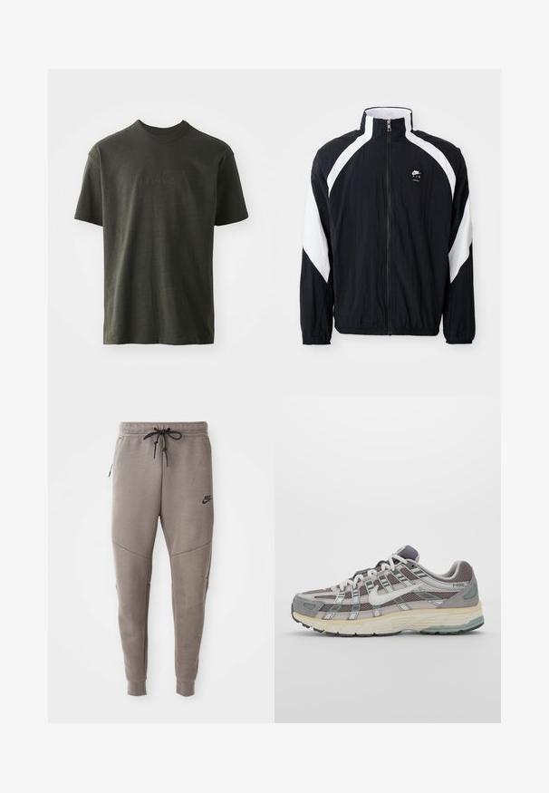 Mustmust särk mustades toonides, millel on valged diagonaalsed aktsendid, kõrge krae, lukuga ees ja logo vasakul rinnal. Kerge, tekstureeritud kangas.; Tumes roheline T-särk pehmest kangast, millel on ümar kaelus ja lühikesed varrukad. Tikkitud "nike" logo, mis on veidi tumedamat roheline.; Hallide Nike dressipüksid, millel on nööriga vöökoht, kitsenevad sääred, küljetaskud ja eristuv õmbluse detail. Pehme, tekstureeritud kangas.; Hallus hallitus jalanõud, millel on võrgust ja sametist ülemine osa, valged rõhutused, pehme tald ning eristuv disain peegelduvate elementidega.