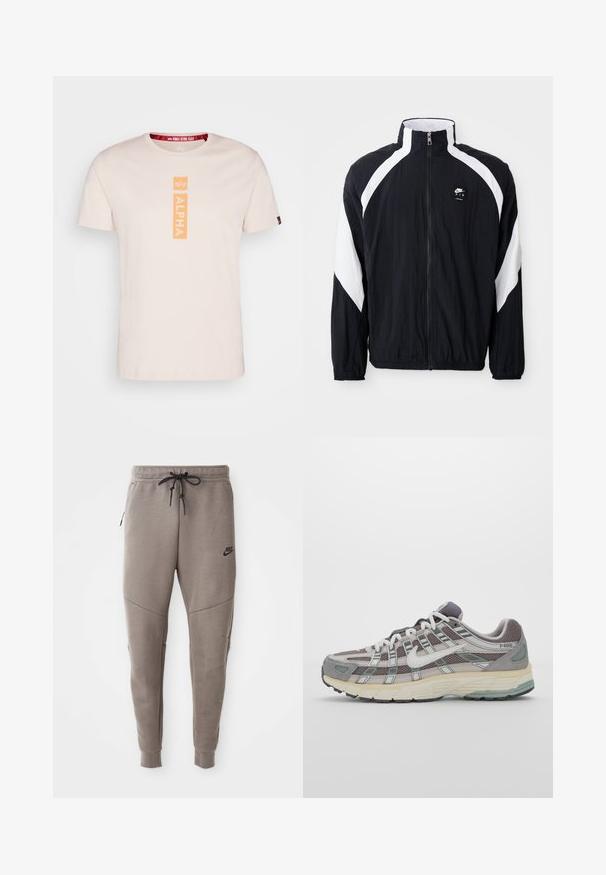 Zwarte windbreaker jas met witte diagonale accenten, hoge kraag, rits aan de voorkant en logo op de linkerborst. Lichtgewicht, geweven stof.; Lichtroze t-shirt met korte mouwen, gemaakt van katoen, met een verticale oranje "ALPHA" logo in het midden en een rode merklabel op de nek.; Grijze Nike-sweatpants met een verstelbare tailleband, taps toelopende benen, zijzakken en opvallende naaddetails. Zachte, gestructureerde stof.; Grijze sportieve schoen met een bovenwerk van mesh en suede, witte accenten, een gevoerde zool en een onderscheidend ontwerp met reflecterende elementen.