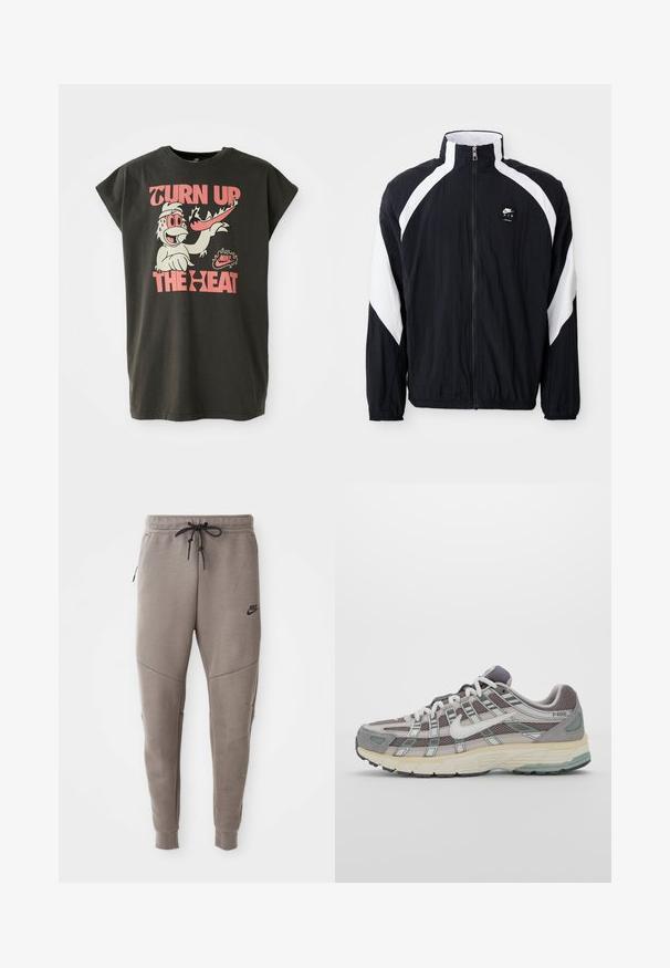 Juodas vėjui atsparus striukė su baltais įstrižais akcentais, aukštu apykakle, užtrauktuku priekyje ir logotipu kairiajame krūtinės kampe. Lengva, tekstūruota medžiaga.; Juodas per didelis marškinėliai trumpomis rankovėmis su spalvinga grafika, kuriame pavaizduotas personažas, tekstas "PADIDINK KARŠTĮ" ir "Nike" logotipas.; Pilkos Nike kelnės su raišteliu liemenyje, siaurėjančiomis kojomis, šoninėmis kišenėmis ir išskirtiniais siūlų detalėmis. Minkšta, tekstūruota medžiaga.; Pilkas sportinis batas su tinklu ir zomšos viršutine dalimi, baltomis detalėmis, paminkštintu padu ir išskirtiniu dizainu su atspindinčiais elementais.
