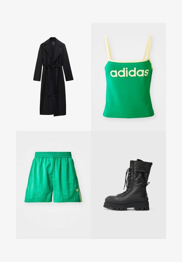 Črn volnen mešanica dolg plašč s pasom, širokimi klapnicami in dolgimi rokavi. Ima čist, minimalističen dizajn in sproščen silhuet.; Zeleni top brez rokavov z rumenimi detajli, izdelan iz raztegljivega materiala. Ima velik rumen logotip "adidas" spreden in tanke naramnice.; Zelene športne kratke hlače z belimi navpičnimi črtami, elastičnim pasom in rumenimi stranskimi poudarki. Na spodnjem levem delu imajo majhen zlat logotip.; Črne usnjene vojaške čevlje z visokim delom, vezalkami spredaj, teksturiranimi detajli, debelim podplatom in šivanim okrasom. Imajo zadnji zavihak za lažje obuvanje.