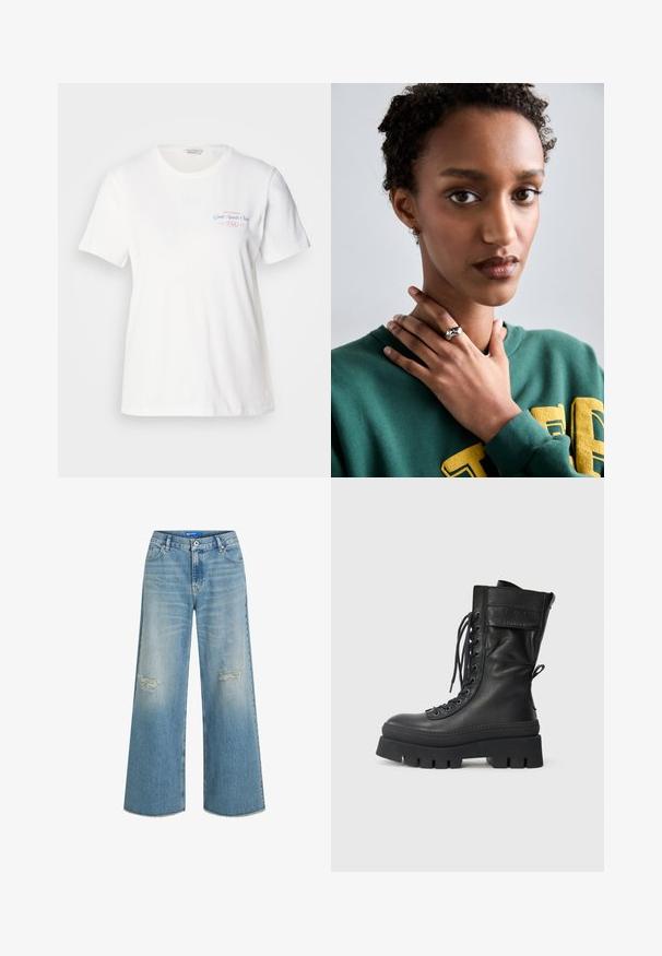 Black wool blend long coat with a belted waist, wide lapels, and long sleeves. Features a clean, minimal design and a relaxed silhouette.; White cotton t-shirt with short sleeves, round neckline, and pink/blue graphic print reading "Gant Sports Club 1949" on the chest.; Light blue denim wide-leg jeans with distressed knee patches and frayed hem. Classic five-pocket design and button closure.; Black leather combat boot with high shaft, lace-up front, textured accents, thick sole, and stitched detailing. Features a rear pull tab.; Silver ring with a smooth, curved design featuring a star accent. Model wearing a green sweatshirt with yellow lettering, hands near the neck.