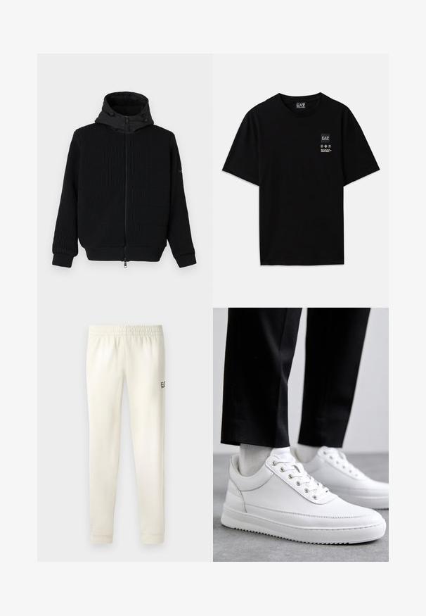 Juoda užtrauktuku užsegama gobtuvinė džemperis su grublėta tekstūra, lygus gobtuvas ir raištelis. Turi ilgas rankoves ir elastines rankogalius. Priekinis užtrauktukas.; Juoda medvilnė t-shirt su trumpomis rankovėmis, apvalia iškirpte ir maža logotipo etiketė priekyje su baltomis priežiūros simbolių pictogramomis.; Baltos sportinės kelnės su elastingu liemeniu, užrišamais kulkšniais ir mažuoju juodu logotipu kairėje pusėje. Lygus medvilnės audinys.; Baltos odinės sportbačiai su plokščiu guminiu padu, pasižymintys lygiu paviršiumi, apvalia nosimi ir metaliniais anga užrišimui. Dėvimi su juodomis kelnėmis.