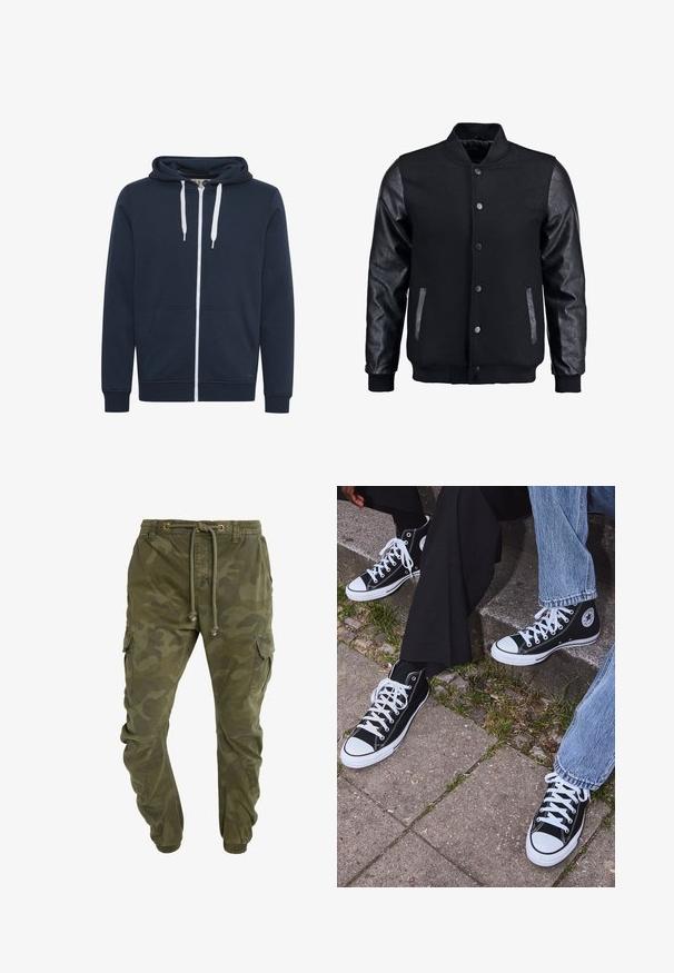 Melns bomber jakas ar vilnas korpusu un ādas piedurknēm. Iespējas ar stāvošu apkakli, priekšējiem pogām un sānu kabatām. Vienkrāsains, bez rakstiem.; Jūras zilas krāsas zip-up kapuce izgatavota no mīkstas auduma, ar priekšējo kabatu, baltu kakliņu un ribotām piedurknēm.; Olivzaļš kokvilnas T-krekls ar lielu melnu Levi's logotipu kontrastējošā pusloka formā krūtīs. Parasts piegriezums.; Zāļu krāsā ar kamuflāžu rakstu, bikses ar sānu kabatām, elastīgu jostu un elastīgām aprocēm. Izgatavotas no izturīga auduma.; Melni augstie kanvas sporta apavi ar baltām gumijas zolemi un šņorēm, ar apļa logotipu sānos, kombinēti ar džinsu un melnām biksēm.