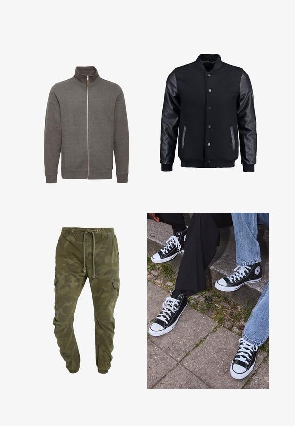 Jachetă bomber neagră cu corp din lână și mâneci din piele. Dispune de un guler în picioare, nasturi pe partea din față și buzunare laterale. Culoare solidă, fără modele.; Jachetă gri cu fermoar, cu guler înalt, dotată cu buzunare laterale și mansete ribbate. Fabricată dintr-un material moale, cu un design curat și minimalist.; Tricou din bumbac verde măsliniu, cu un logo mare Levi's negru într-o formă semi-arcuată contrastantă pe piept. Croială regulară.; Pantaloni cargo verzi cu model camouflage, cu talie reglabilă prin șnur, manșete elastice și buzunare laterale. Fabricati dintr-un material durabil.; Sneakers negre din pânză până la glezne cu tălpi și șireturi albe, având un logo circular pe lateral și purtate cu blugi și pantaloni negri.