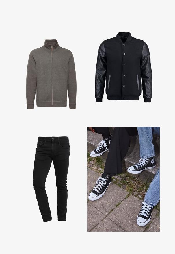 Musta pommittaja takki, jossa villakangasrunko ja nahkahihat. Varustettu pystykovalla, etupainonapeilla ja sivutaskuilla. Yksivärinen, ilman kuvioita.; Harmaa vetoketjullinen takki korkealla kauluksella, jossa on sivutaskut ja joustavat hihansuut. Valmistettu pehmeästä kankaasta, jossa on puhdas, minimalistinen muotoilu.; Oliivinvihreä puuvillainen t-paita, jossa suuri musta Levi's-logo kontrastivärisenä puolikaarena rinnalla. Normaali istuvuus.; Slim-fit mustat farkut etutaskuilla, vyölenkeillä, nappisulkimella ja kevyellä rypytyksellä lahkeissa.; Mustat korkeat kangaslenkkarit, joissa on valkoiset kumipohjat ja nauhat, sivussa on pyöreä logo, ja ne on yhdistetty farkkuihin ja mustiin housuihin.