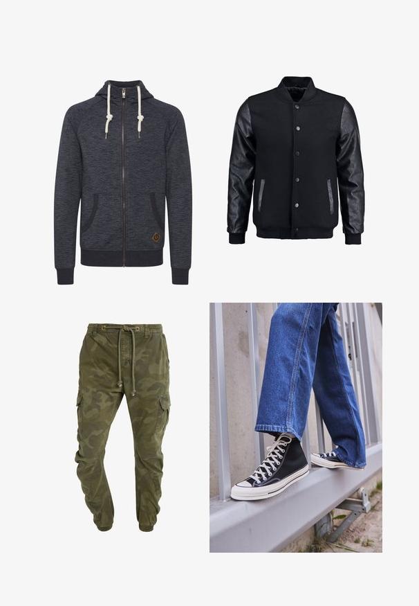 Črna bomberska jakna z volnenim telesom in usnjenimi rokavi. Ima stoječ ovratnik, sprednje snemljive gumbe in stranske žepke. Enobarvna, brez vzorcev.; Temno siva zip-up kapuca z teksturiranim zaključkom, ki ima nastavljiv kapuco, dva stranska žepa in majhen rjav logotip na robu.; Olivno zelena bombažna majica s kratkimi rokavi, na prsih pa se nahaja velik črn Levi's logotip v kontrastni polkrožni obliki. Redna prileganost.; Zelenice cargo hlače s kamuflažnim vzorcem, z vrvico v pasu, elastičnimi manšetami in stranskimi žepi. Narejene iz trpežne tkanine.; Črne visoke teniske z belim podplatom in vezalkami, v kombinaciji z ohlapnimi modrimi džinsom, naslonjene na sivo ograjo.