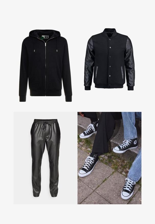 Zwarte bomberjack met een wollen lichaam en leren mouwen. Voorzien van een staande kraag, drukknopen aan de voorkant en zijkanten. Effen kleur zonder patronen.; Zwarte rits-hoodie van katoen, met een trekkoordcapuchon, voorzakken en ribgebreide manchetten en zoom. Glad textuur, eenvoudig ontwerp.; Olijfgroen katoenen T-shirt met een groot zwart Levi's-logo in een contrasterende semi-gebogen vorm over de borst. Regular fit.; Zwarte leren joggerbroeken met een elastische tailleband en verstelbaar trekkoord. Gladde textuur, taps toelopende pasvorm en opgerolde enkels.; Zwarte canvas sneakers met hoge schacht, witte rubberen zolen en veters, met een cirkelvormig logo aan de zijkant, gecombineerd met denim en zwarte broeken.