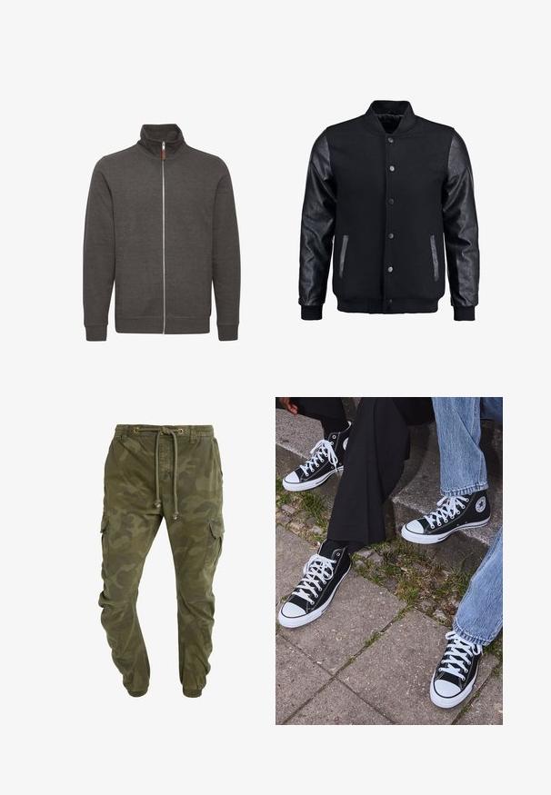 Giubbotto bomber nero con corpo in lana e maniche in pelle. Presenta un colletto alto, bottoni a pressione frontali e tasche laterali. Monocromatico, senza motivi.; Giacca grigia con zip e colletto alto, realizzata in tessuto morbido, con due tasche laterali e polsini e orlo a costine.; T-shirt di cotone verde oliva con un grande logo Levi's nero in una forma semi-arcuata a contrasto sul petto. Vestibilità regolare.; Pantaloni cargo verdi con motivo camouflage, vita con coulisse, polsini elasticizzati e tasche laterali. Realizzati in tessuto resistente.; Sneakers alti neri in tela con suole e lacci bianchi, dotati di un logo circolare di lato e abbinati a pantaloni in denim e neri.